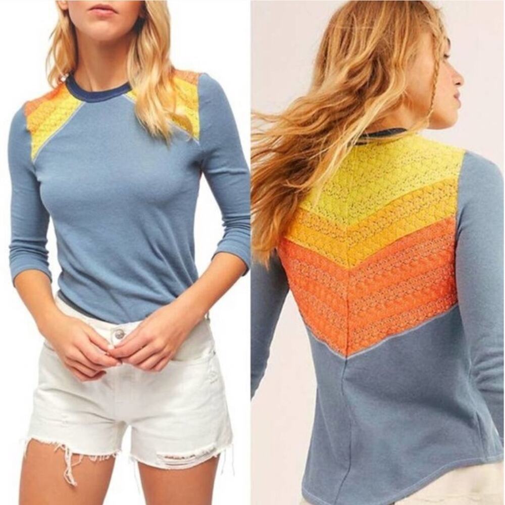 Free People In Rainbow Chevron Crochet Knit Top-XS
